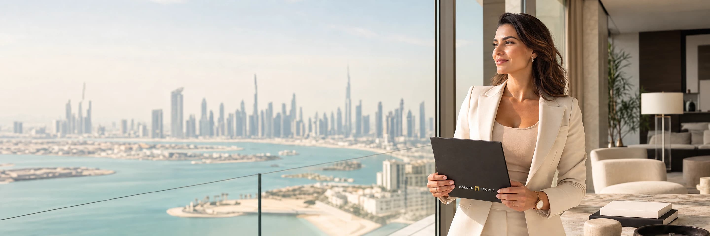 A woman in a cream suit holding a Golden People folder by a window over the sea, with the Dubai skyline behind.